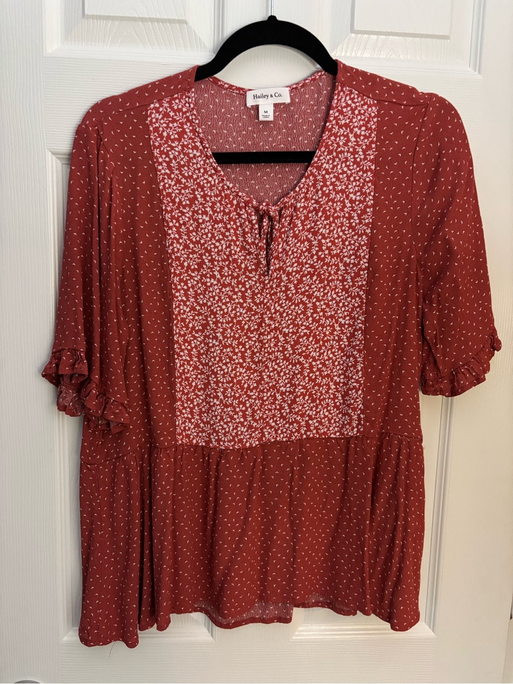 Hailey & Co. Rust Floral Patchwork Tie-Neck Blouse
